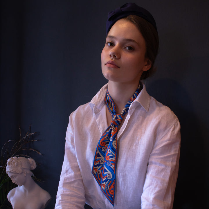 Orange and blue silk twilly ribbon scarf inspired by the Thames | Furious Goose | Made in England