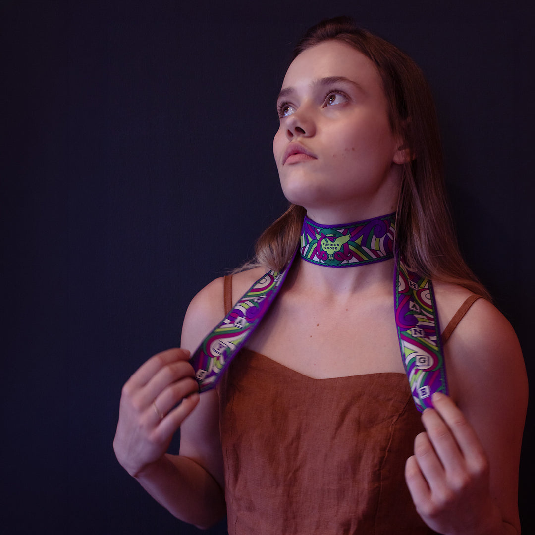 Purple and green silk ribbon scarf, luxury scarves Thames inspired, Made in England, Twilly | Furious Goose