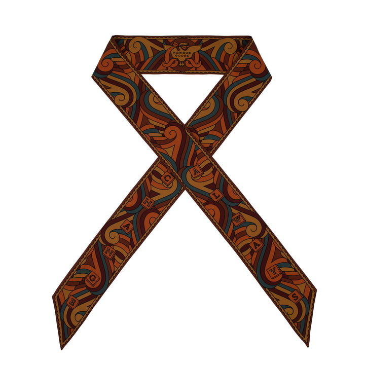 Silk Ribbon Scarf, Luxury Twilly, Made in UK, Brown Gold, Furious Goose, London