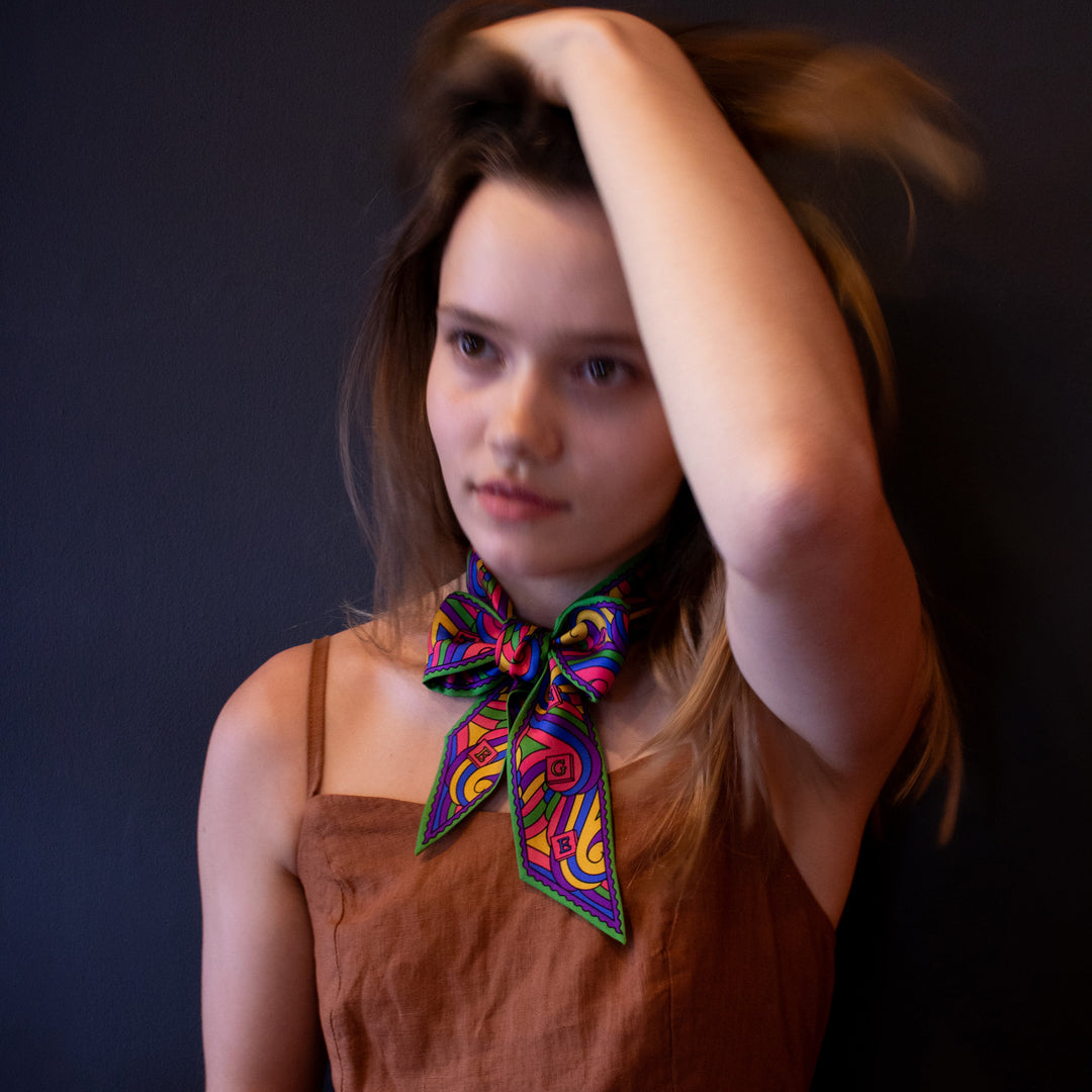 Multicoloured, mini ribbon scarf, 100% silk, London Thames Print, Made in England, Furious Goose