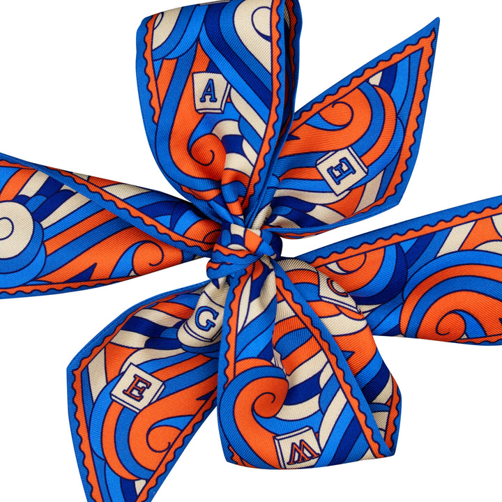 Luxury silk twilly orange and blue, Silk Ribbon Scarves, Made in UK, Furious Goose, Thames Print