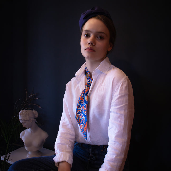 Orange and blue silk twilly ribbon scarf inspired by the Thames | Furious Goose | Made in England