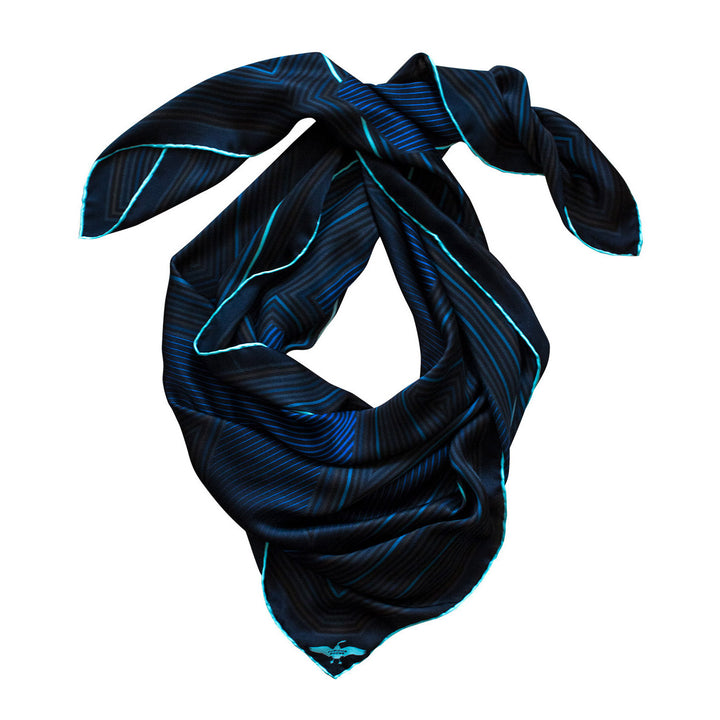 Silk scarf, satin foulard, luxury accessory, PAIN, black blue, Hand Rolled Hem, Made in UK, London, Furious Goose