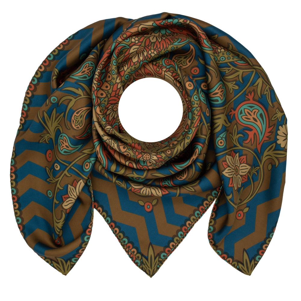 Silk Scarf, Paisley Print, Bold Accessories, Venus, Teal, Blue, Gold, Burnt Orange, Silk Scarves, Foulard, London, Furious Goose