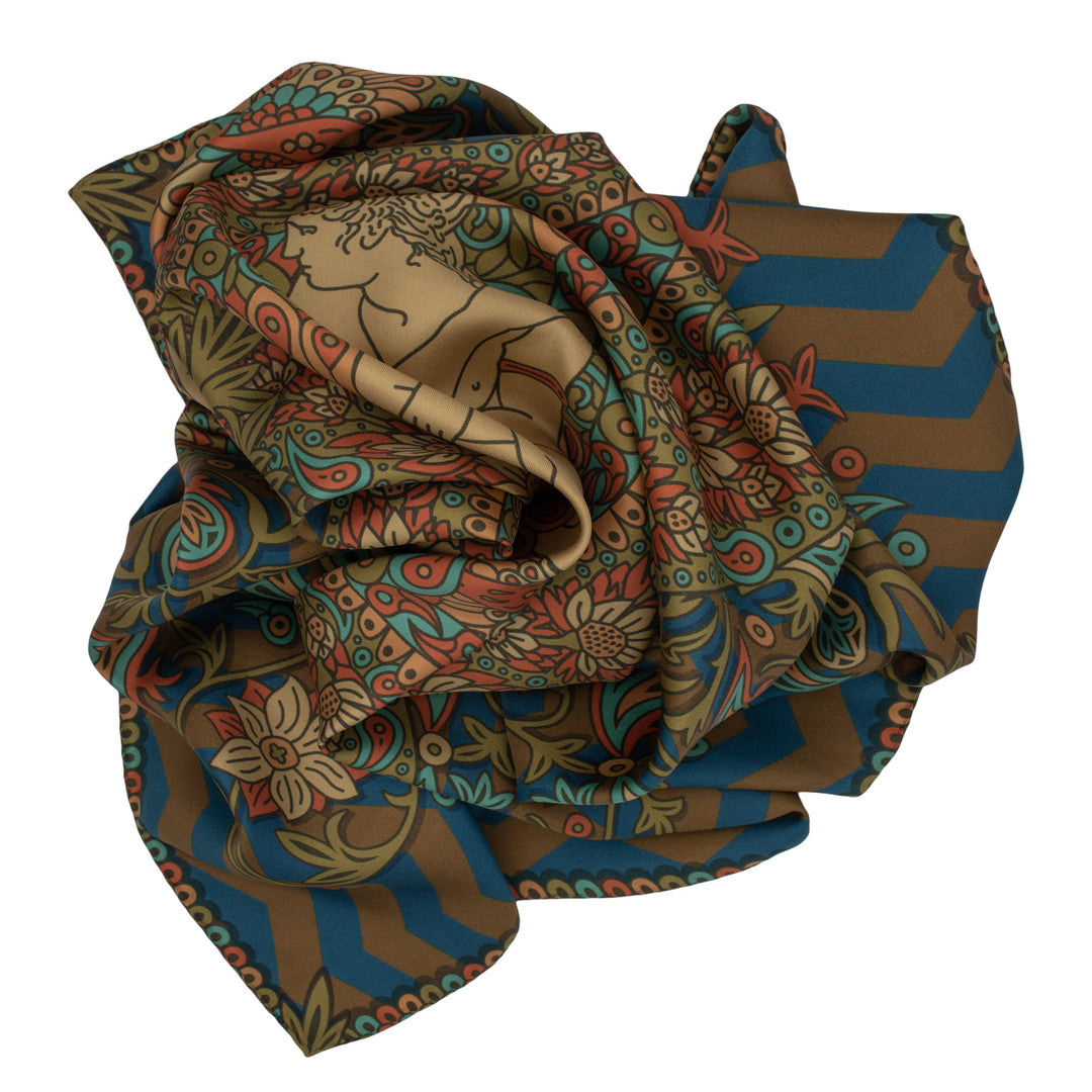 Silk Scarf, Paisley Print, Bold Accessories, Venus, Teal, Blue, Gold, Burnt Orange, Silk Scarves, Foulard, London, Furious Goose