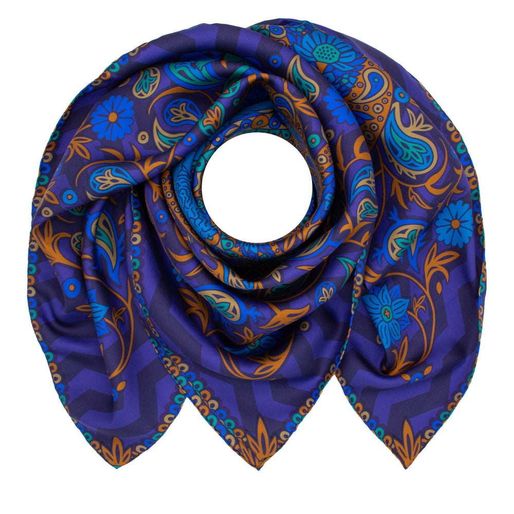 Blue Silk Scarf, Paisley Print, Gold, Luxury Silk Scarves London, Best Silk Scarf UK, Furious Goose