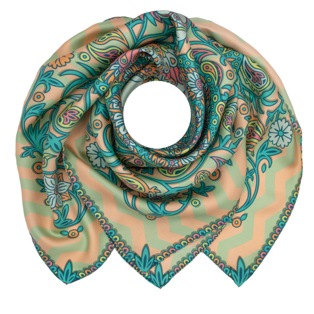 Large Silk Foulard, Silk scarves London, Paisley Print, Peach and Pistachio, Venus, Furious Goose