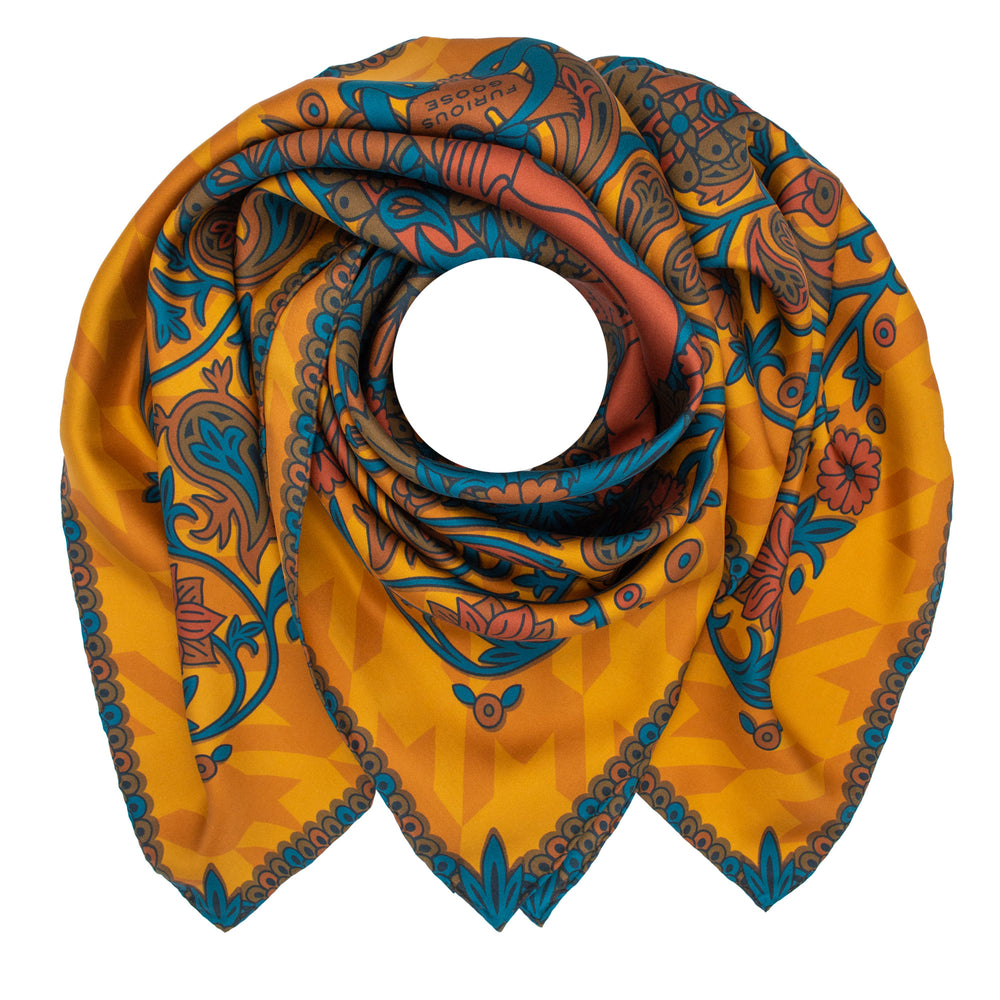 Gold Silk Scarf, Paisley Print, Teal Highlights, Designer Luxury Silk Scarves London, Furious Goose