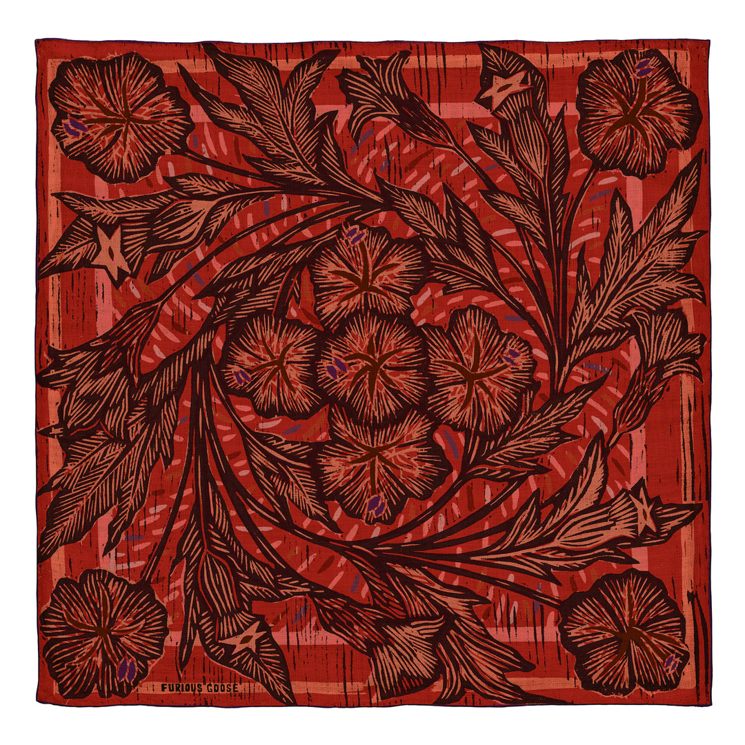 Red silk wool scarf featuring a botanical motif – Luxury Accessories – Furious Goose