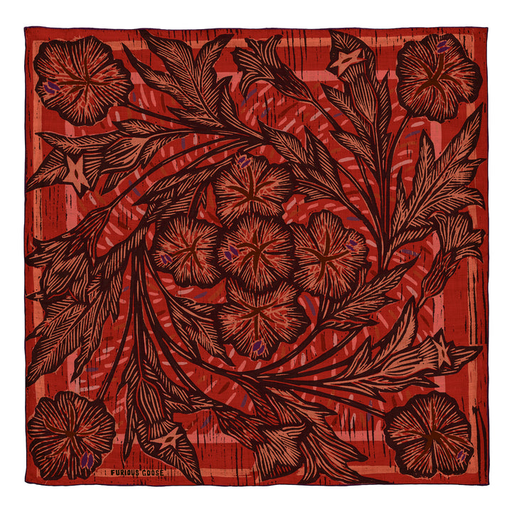 Red silk wool scarf featuring a botanical motif – Luxury Accessories – Furious Goose