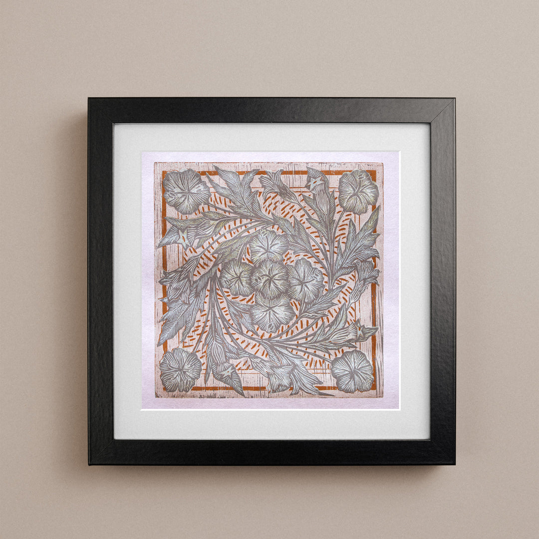 Henbane Flower Power woodcut print on washi paper by Furious Goose, limited edition botanical artwork featuring the medicinal henbane plant.
