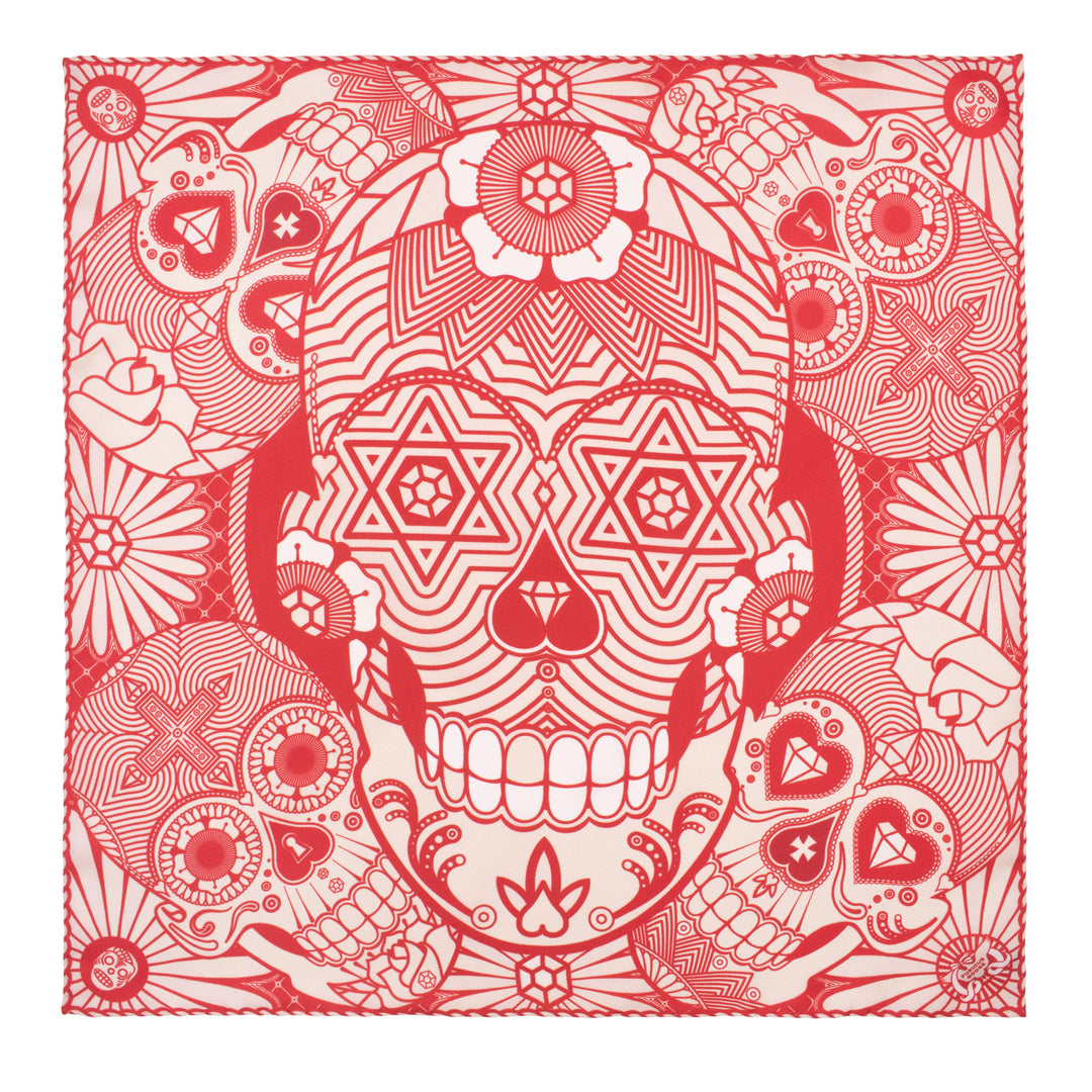 Sugar Skull Pocket Square, Day of the Dead, Red and white, silk twill, Made in UK, London, Furious Goose