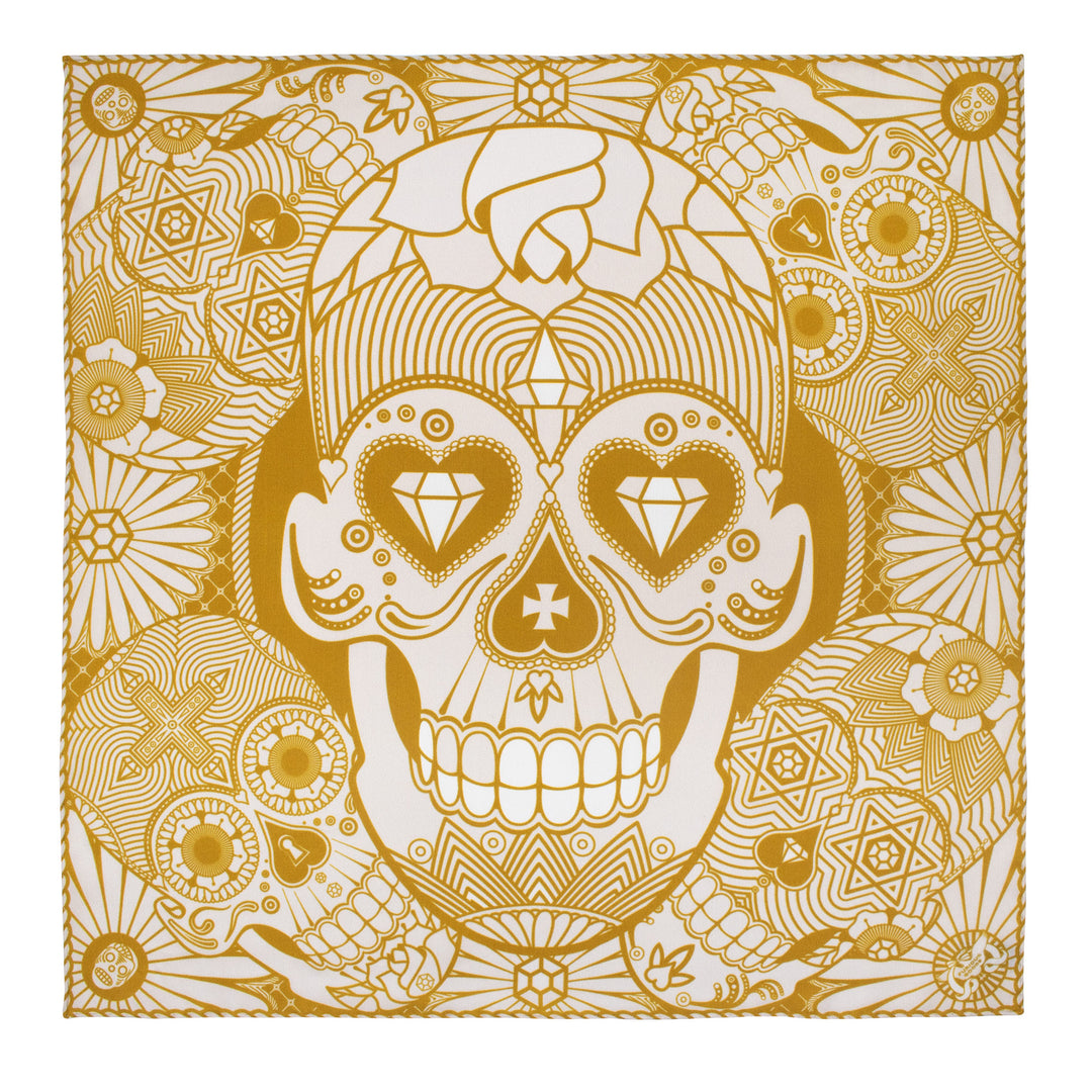 Silk pocket square, London, Day of the Dead, Gold, White, Sugar Skulls, Furious Goose