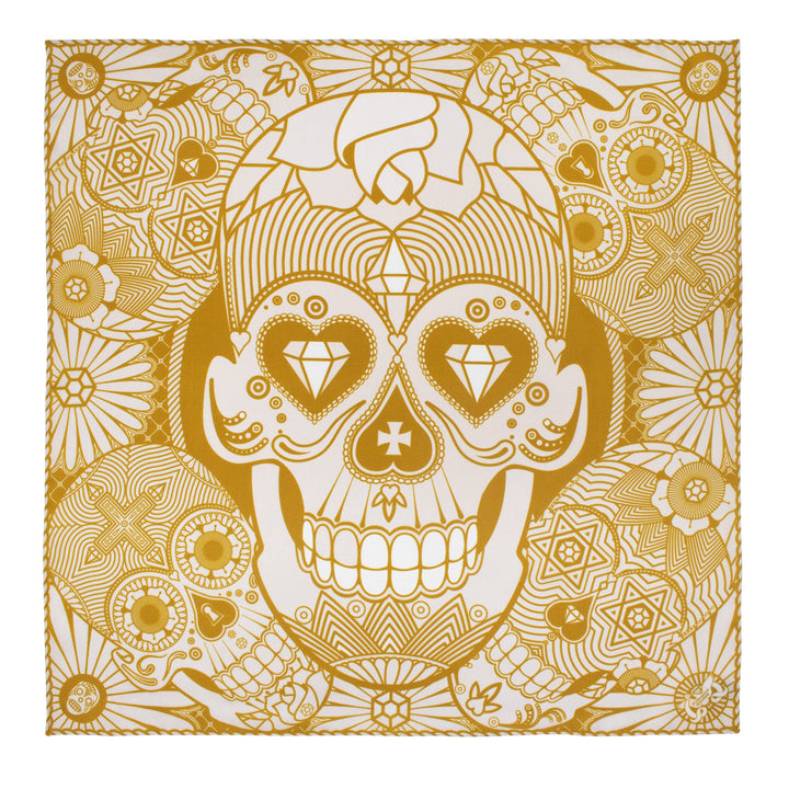 Silk pocket square, London, Day of the Dead, Gold, White, Sugar Skulls, Furious Goose