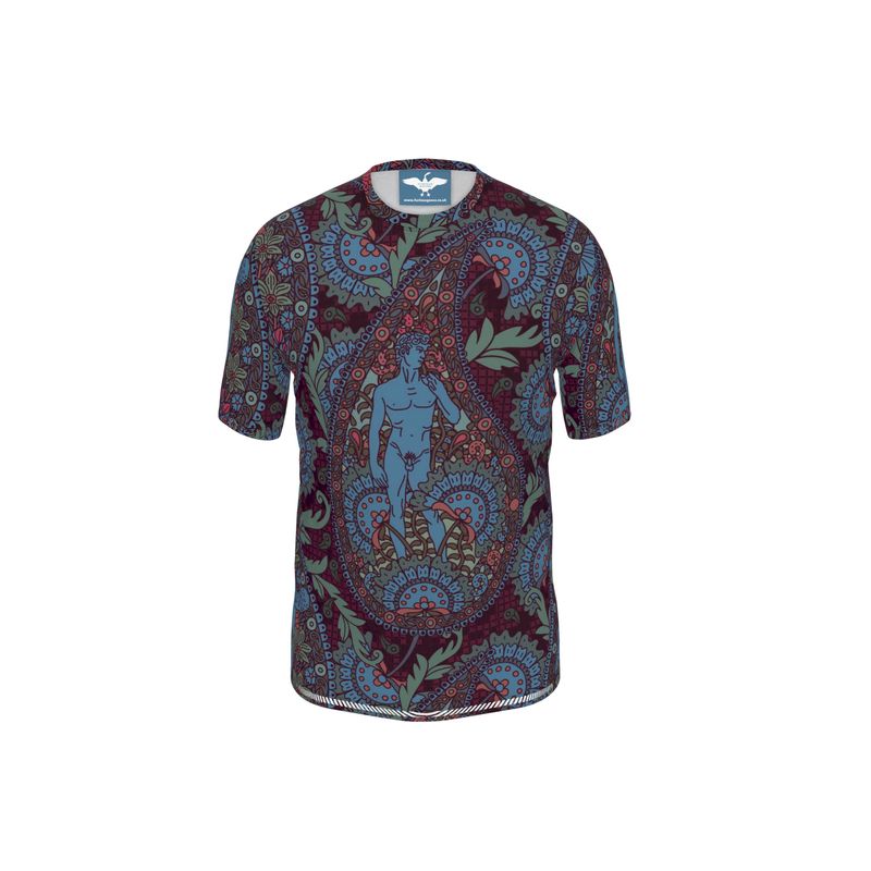 Paisley Print T-shirt with Michelango's David, Burgundy, Blue, Tencel, Sustainable Fashion, Made in UK, Psychedeluxe