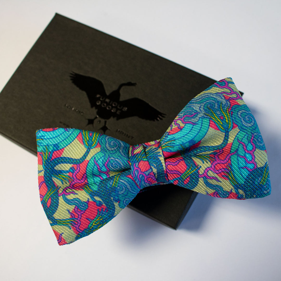 Pink and Blue Bow Tie featuring Chinese Dragons and Rainbows, Luxury Bow Tie, Bold Accessories, Menswear, Made in UK, London, Brighton, Bow Ties, Dickie Bow