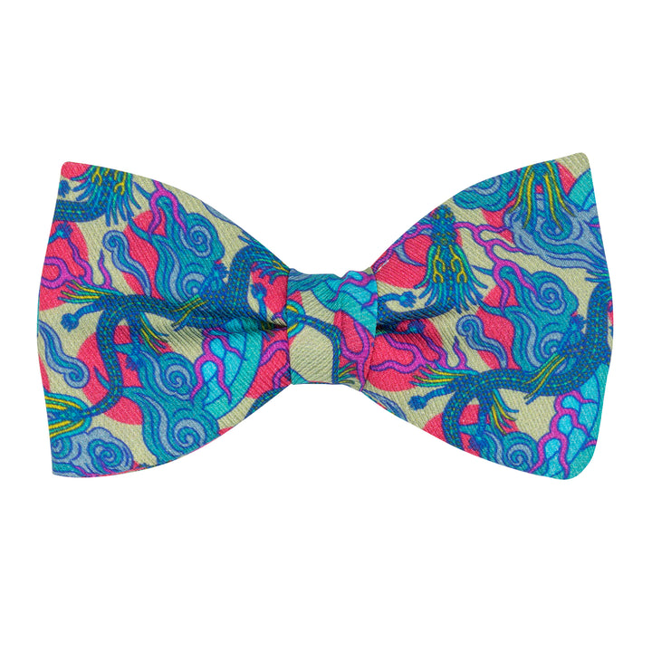 Pink and Blue Bow Tie featuring Chinese Dragons and Rainbows, Luxury Bow Tie, Bold Accessories, Menswear, Made in UK, London, Brighton, Bow Ties, Dickie Bow