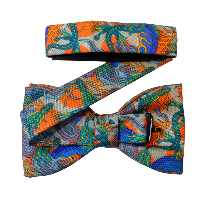 Dragon bow tie, silk saglia, slow fashion, bold and bright colours