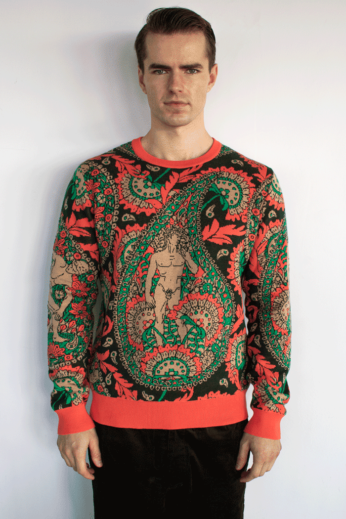 Paisley Jumper, With Male Form, Coral, Green, Organic Cotton, Sustainable, Bold Style, London, UK