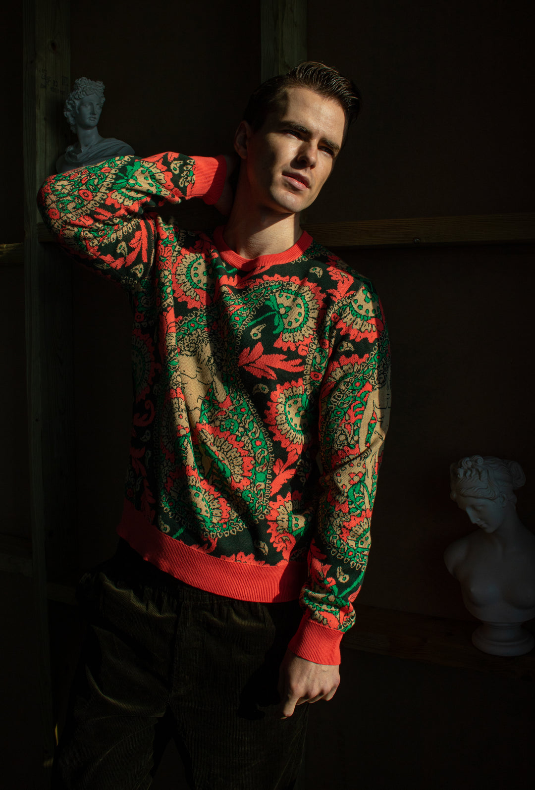 Paisley Jumper, With Male Form, Coral, Green, Organic Cotton, Sustainable, Bold Style, London, UK