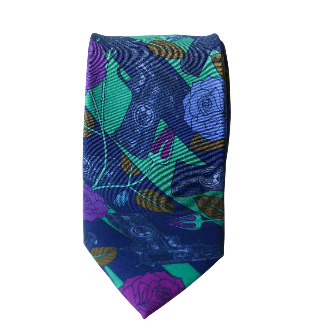 Designer Silk Tie, Jade, Blue, Pink Colour Luxury Mens Ties, UK, Sinatra's Pistol, New Orleans, Guns and Roses, 100% Silk Accessories