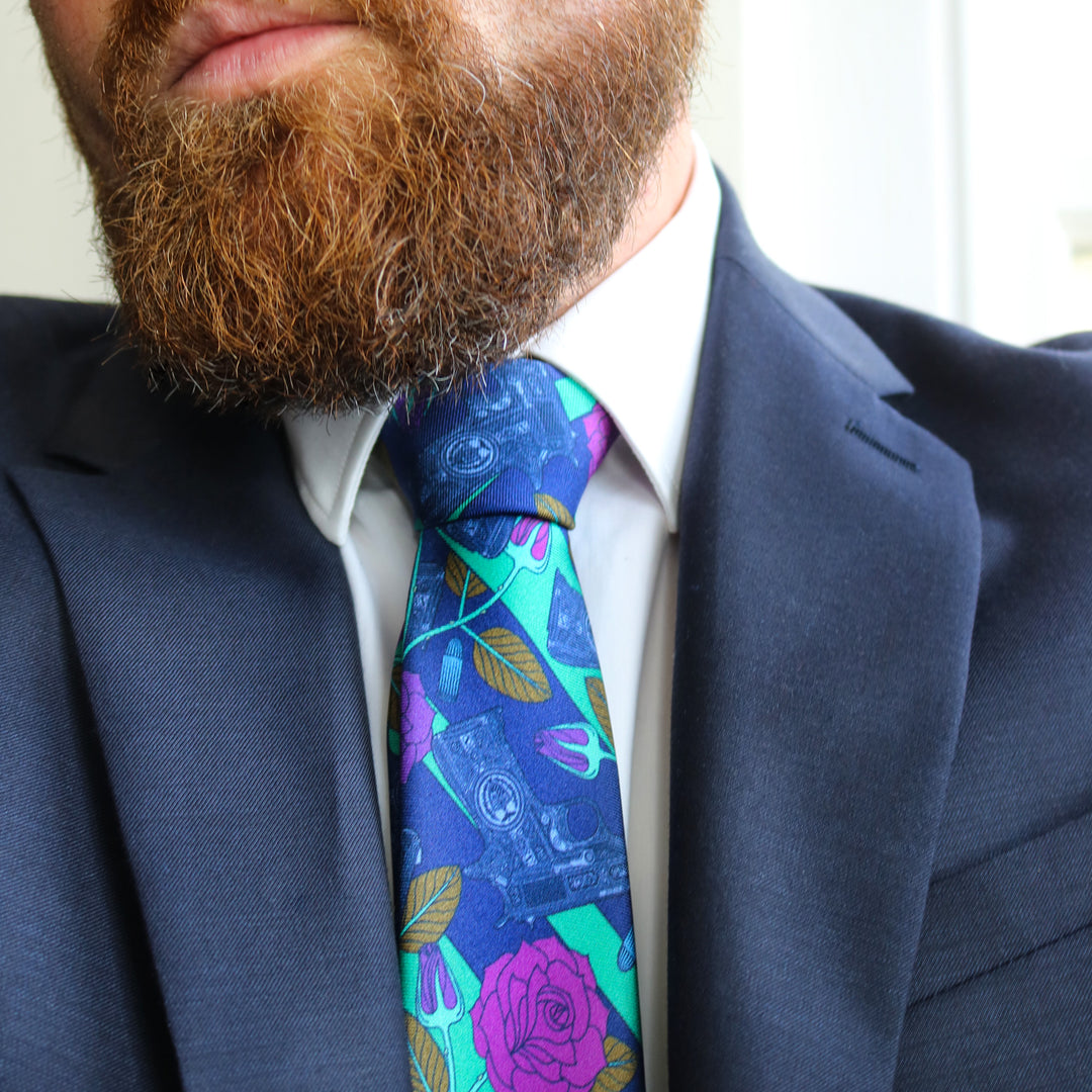 Designer Silk Tie, Jade, Blue, Pink Colour Luxury Mens Ties, UK, Sinatra's Pistol, New Orleans, Guns and Roses, 100% Silk Accessories