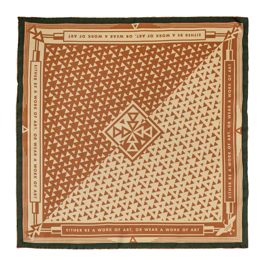 Oscar Wilde Pocket Square, Bronze, Cream and Dark Green, Geometric Design, London UK, Luxury Pochette