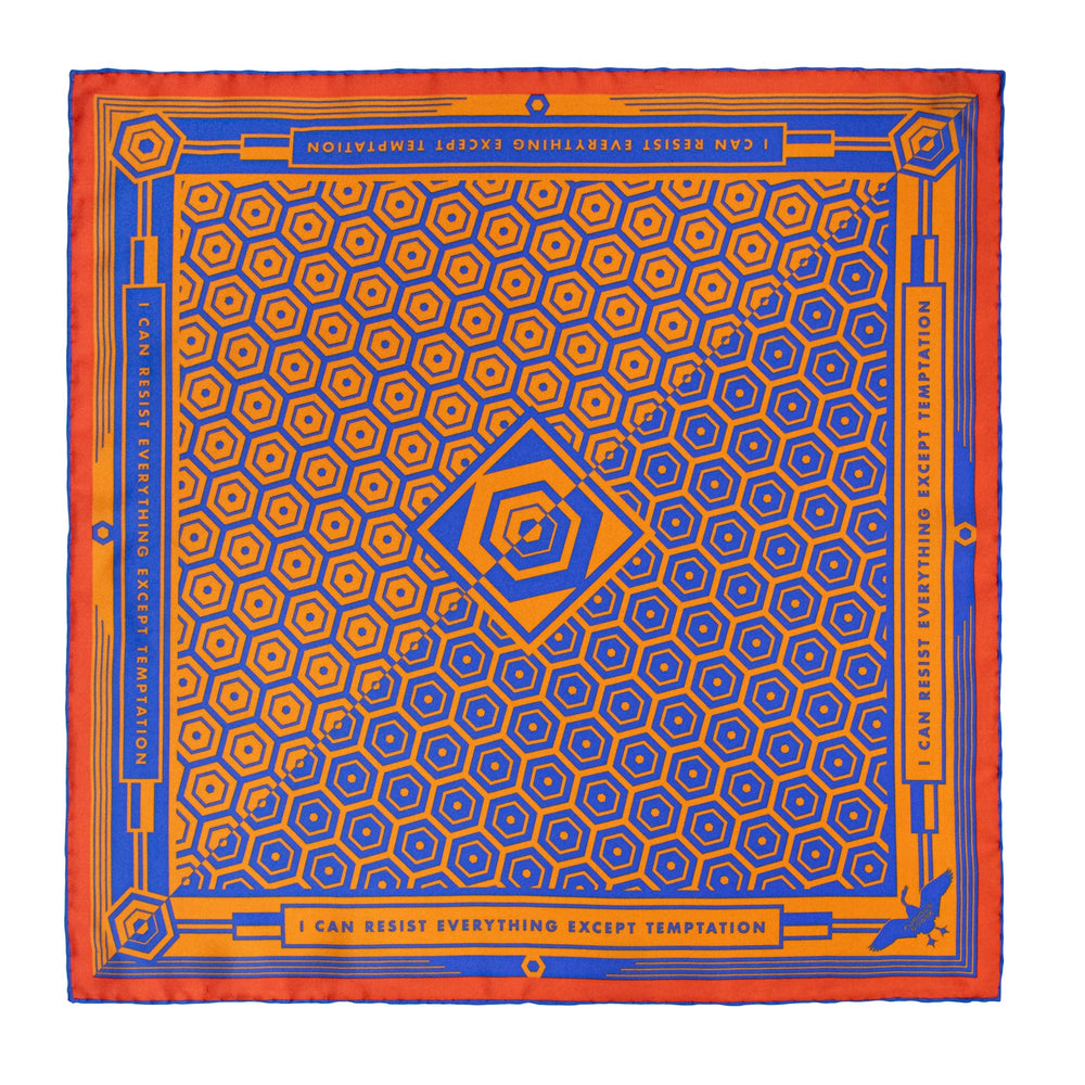 Bold orange and blue silk scarf, Luxury foulards, pure silk scarves, Oscar Wilde Quote, Made in UK, London England