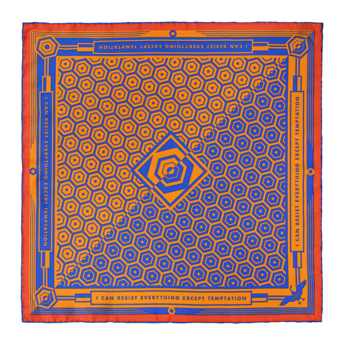 Bold orange and blue silk scarf, Luxury foulards, pure silk scarves, Oscar Wilde Quote, Made in UK, London England