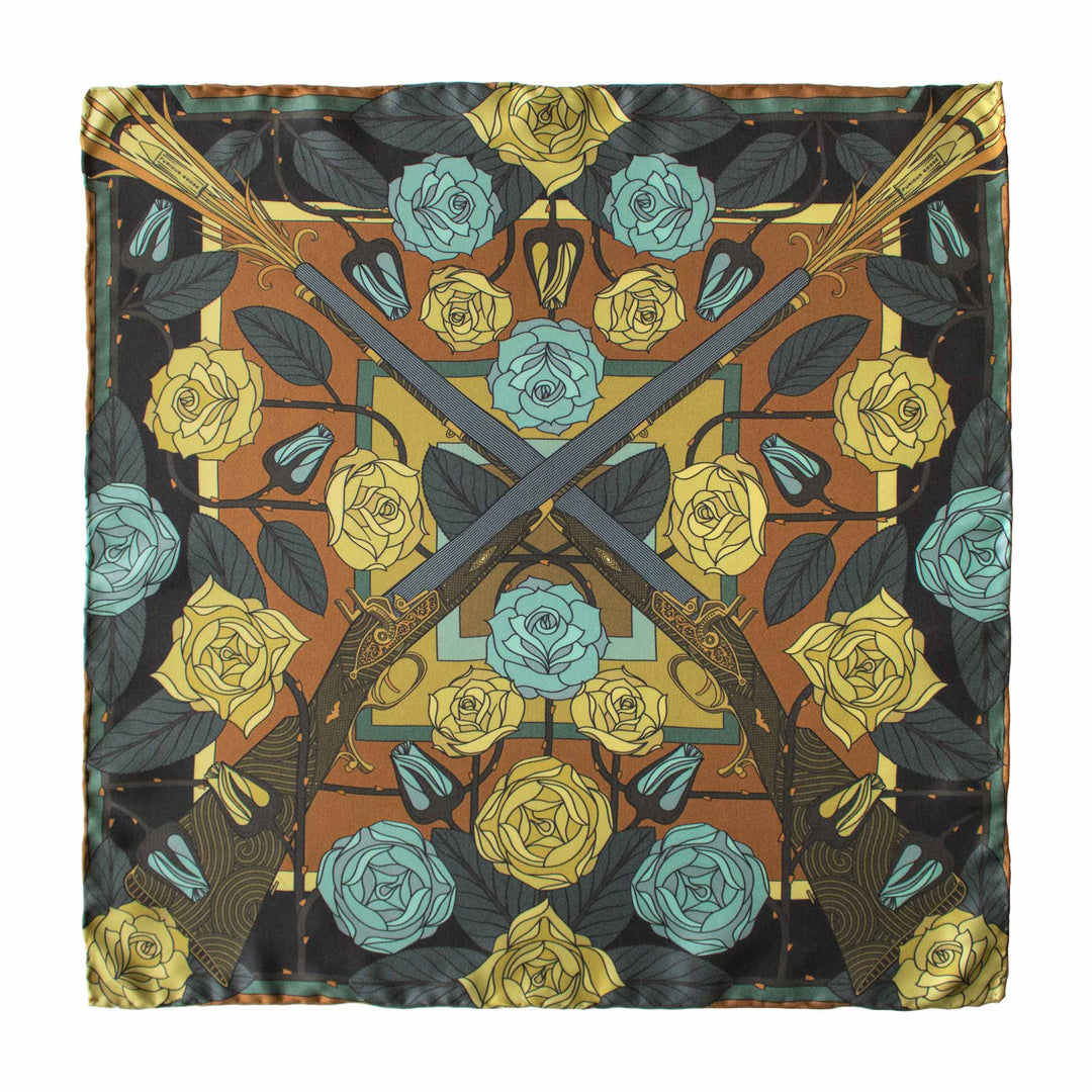 Gold Ladies Scarf, Guns and Roses, Antique Gun, Metallic Designer Silk Scarves, Guns Floral Print, Foulard, Luxury Silk Scarf, Silk Square, Luxury Accessories Brand, Floral Print, British Fashion Brand, Made in England