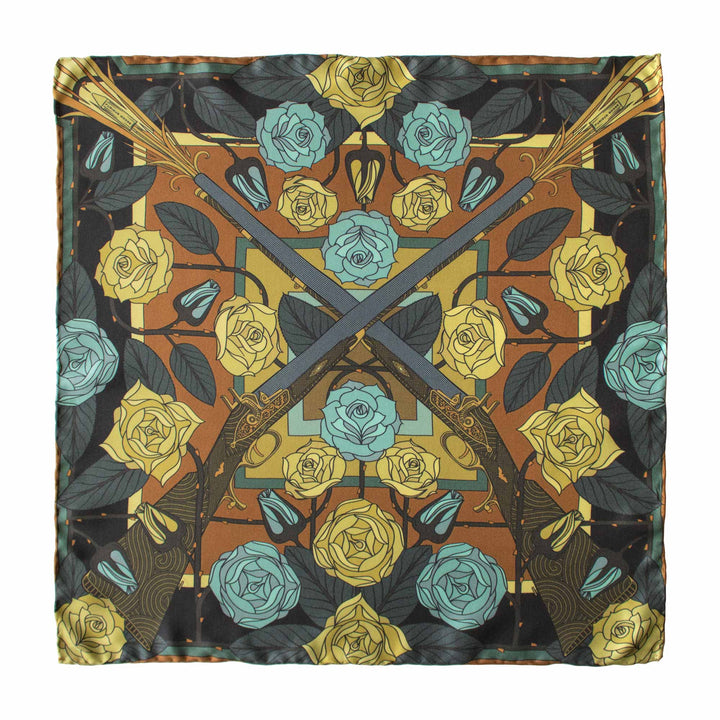 Gold Ladies Scarf, Guns and Roses, Antique Gun, Metallic Designer Silk Scarves, Guns Floral Print, Foulard, Luxury Silk Scarf, Silk Square, Luxury Accessories Brand, Floral Print, British Fashion Brand, Made in England