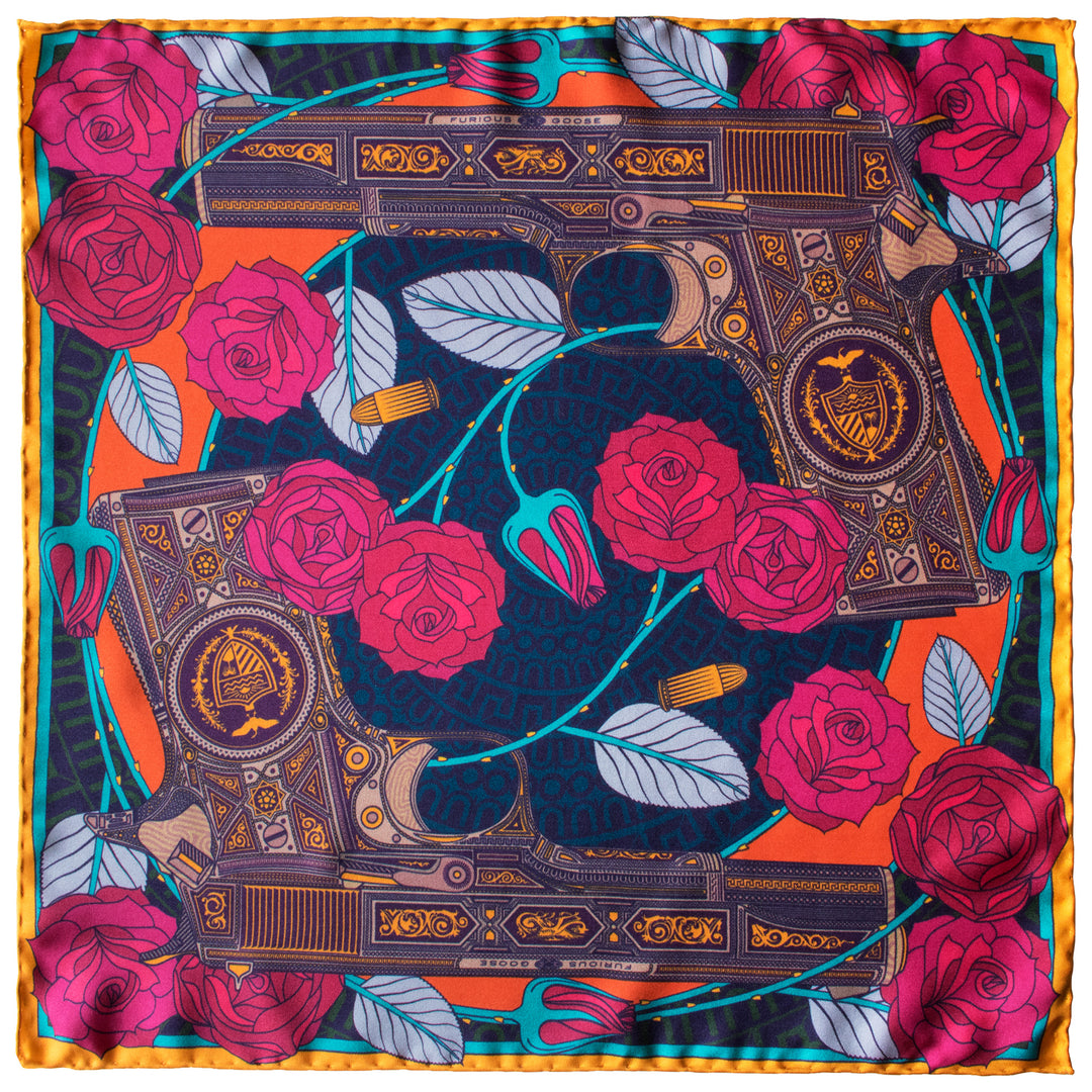 Designer Pocket Square, British Pocket Square, Luxury Silk Square, Made in England, UK, Guns and Roses