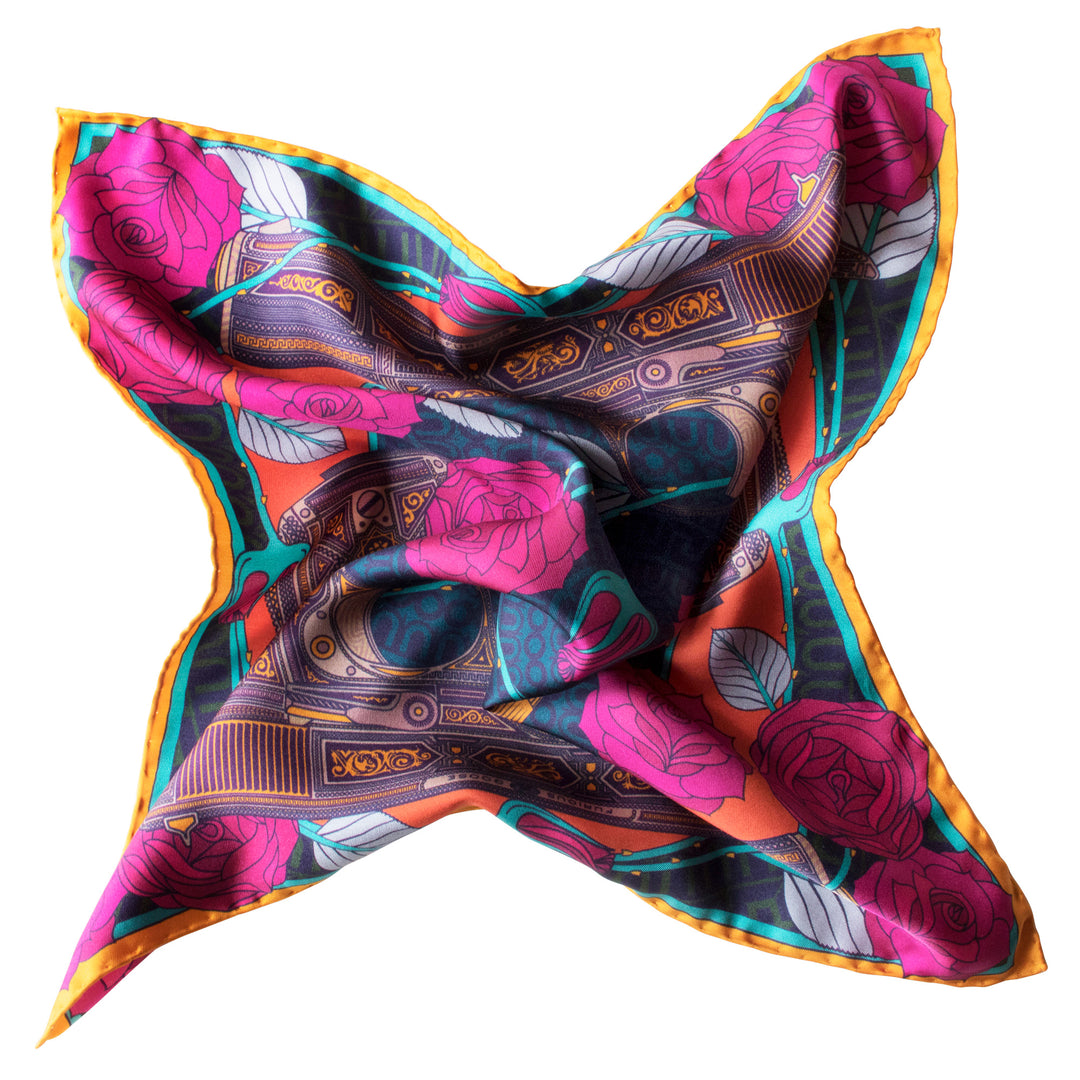 Designer Pocket Square, British Pocket Square, Luxury Silk Square, Made in England, UK, Guns and Roses