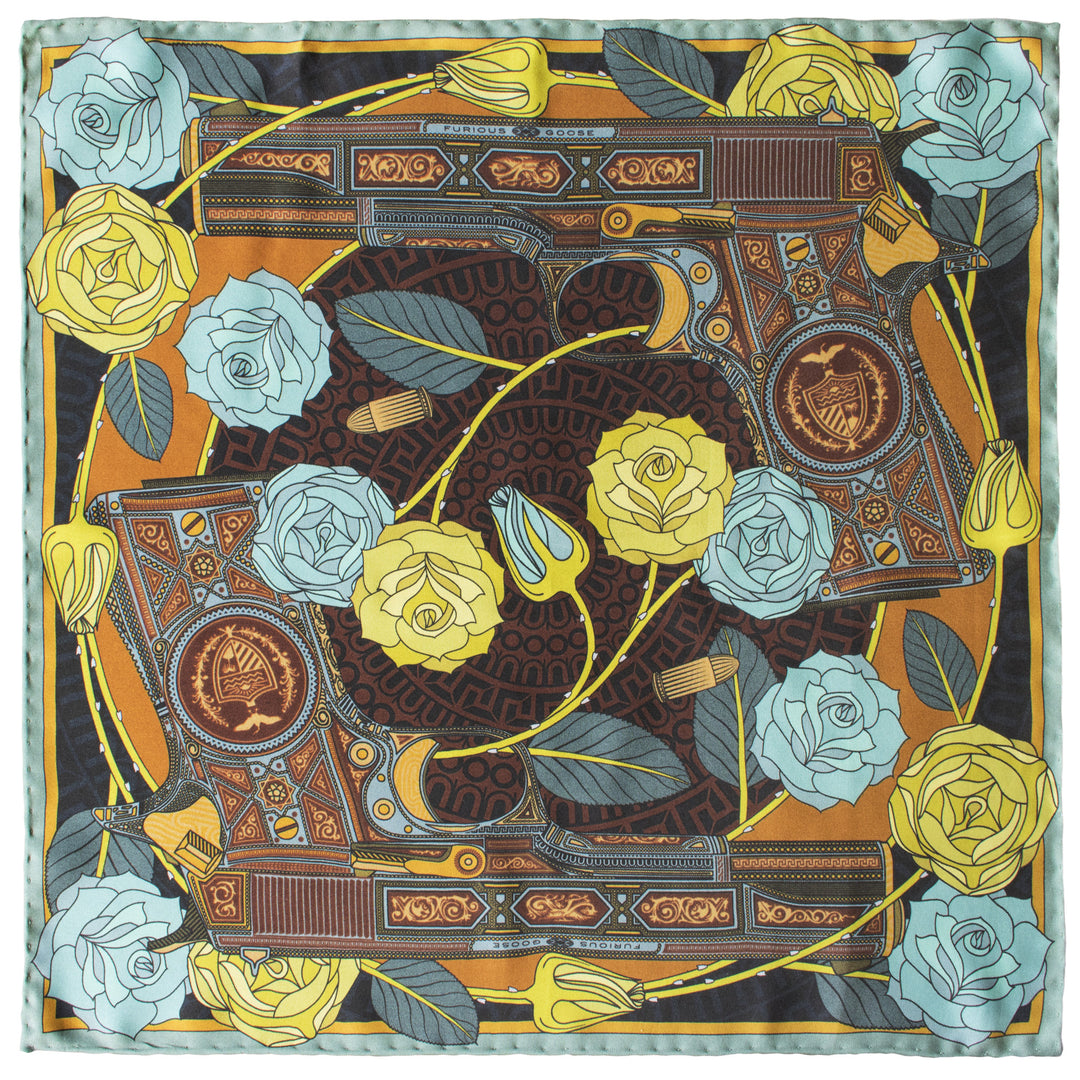 Gold pocket square, luxury pocket squares, silk handkerchief, made in england, british pocket square, guns and roses, colt 9mm, billionaire's lifestyle