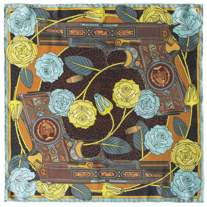 Gold pocket square, luxury pocket squares, silk handkerchief, made in england, british pocket square, guns and roses, colt 9mm, billionaire's lifestyle