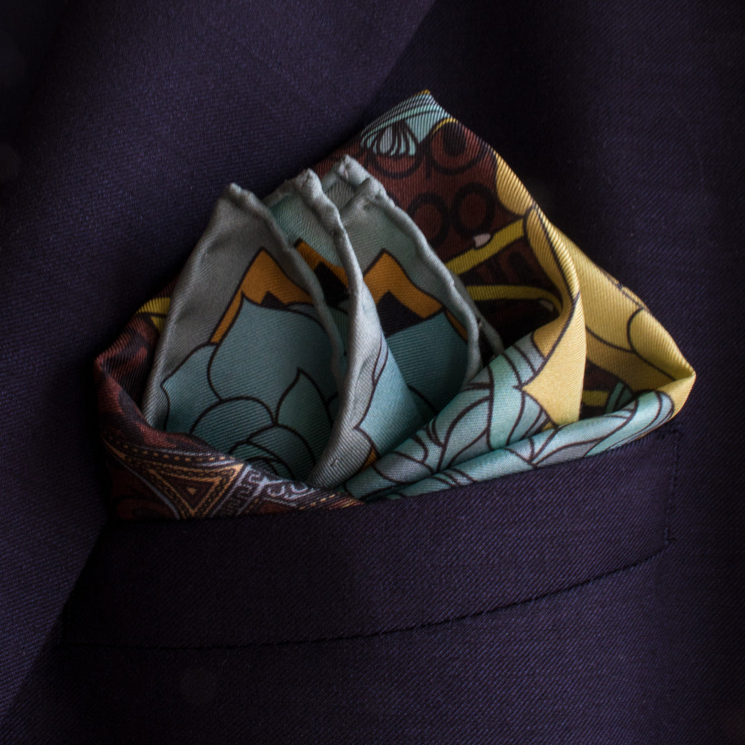 Gold pocket square, luxury pocket squares, silk handkerchief, made in england, british pocket square, guns and roses, colt 9mm, billionaire's lifestyle