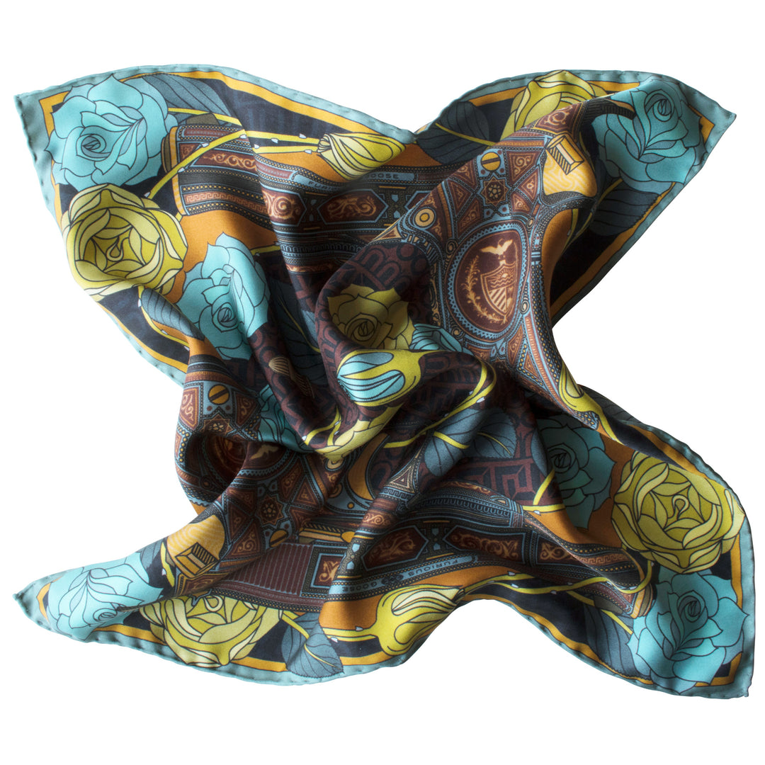 Gold pocket square, luxury pocket squares, silk handkerchief, made in england, british pocket square, guns and roses, colt 9mm, billionaire's lifestyle