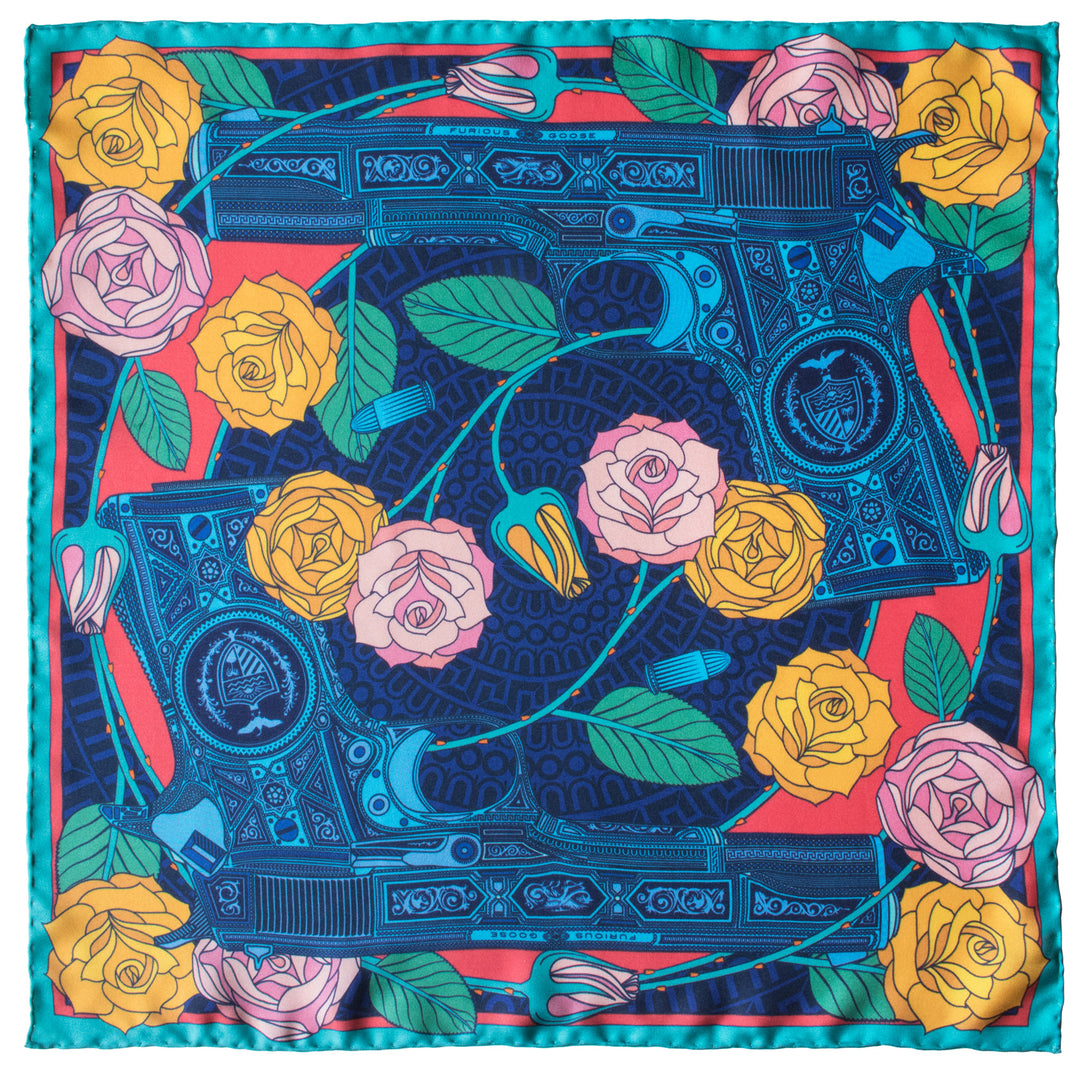 Designer Pocket Square, British Pocket Square, Luxury Silk Square, Made in England, UK, Guns and Roses