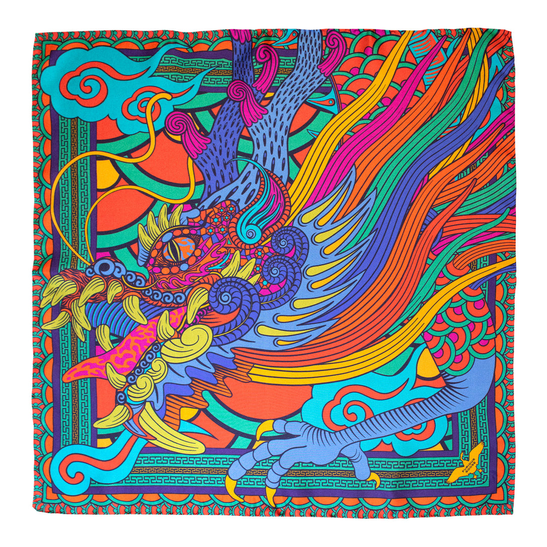 Multicoloured Silk Scarf, Scarves, Luxury Accessory, Neckerchief, Dragons, Chinese Dragon, Orientalism, Chinoiserie, London, UK