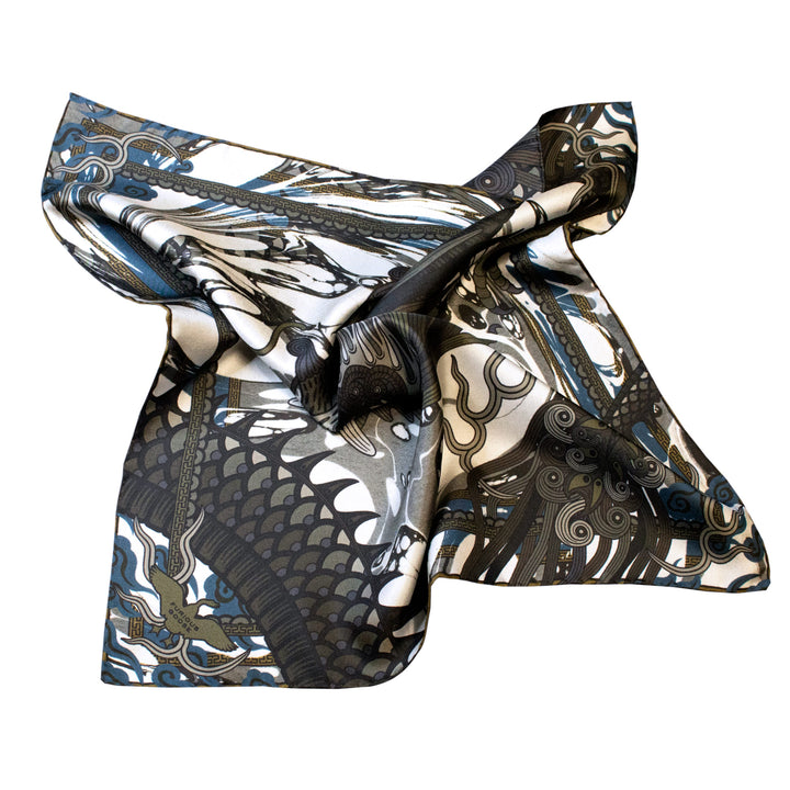 Dragon pattern, modern trends, 100% silk, sustainable, luxury brand
