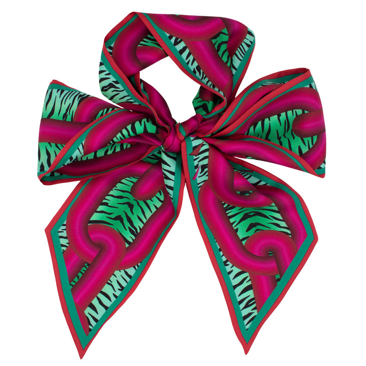 Furious Goose, Silk Ribbon Scarf, Twilly, Lavallière, Chains, Animal Print, Luxury Scarf, Pink, Green, Made in UK
