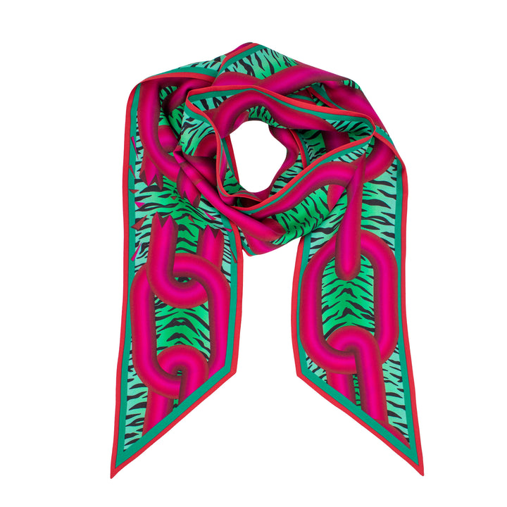 Furious Goose, Silk Ribbon Scarf, Twilly, Lavallière, Chains, Animal Print, Luxury Scarf, Pink, Green, Made in UK