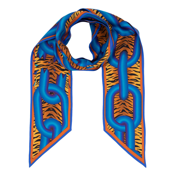 Furious Goose, Silk Ribbon Scarf, Twilly, Lavallière, Chains, Animal Print, Luxury Scarf, Tiger,  Blue, Made in UK