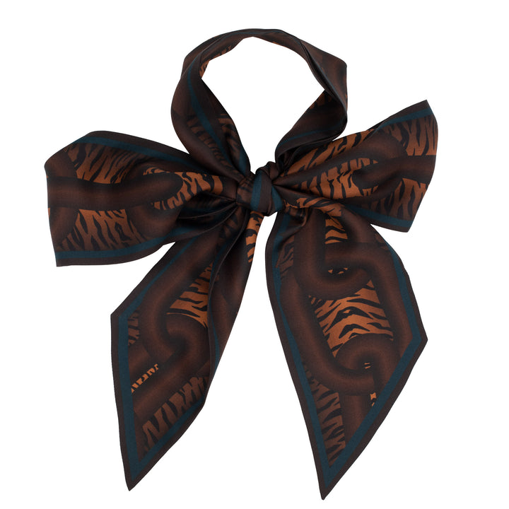 Furious Goose, Silk Ribbon Scarf, Twilly, Lavallière, Chains, Animal Print, Luxury Scarf, Tiger,  Brown, Made in UK