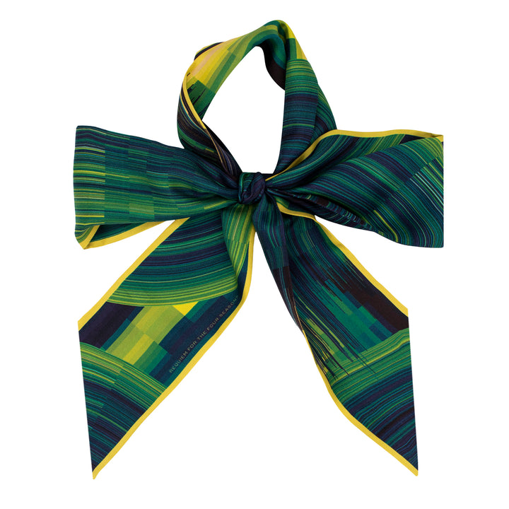 Green yellow silk ribbon scarf, bold twillie, graphic bow, data viz, wearable art, science art, sustainable fashion, london fashion
