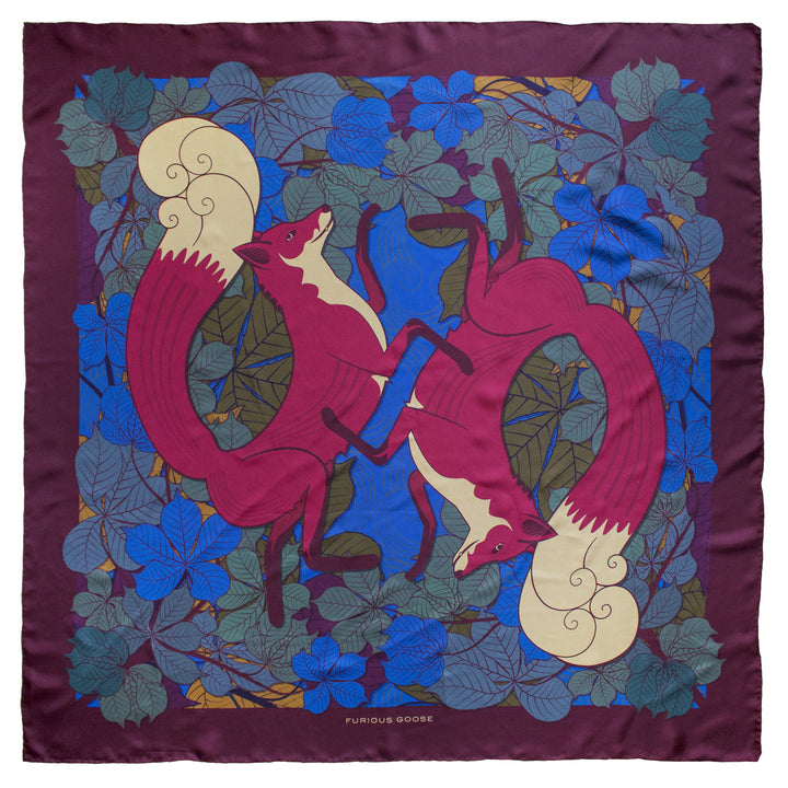 Foxes, Sunset – Luxury Accessory, Silk Scarf, Foulard, Made in UK, Designer Scarves, Gifts for her, Unisex accessory