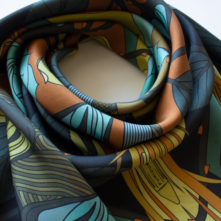 Gold Ladies Scarf, Guns and Roses, Antique Gun, Metallic Designer Silk Scarves, Guns Floral Print, Foulard, Luxury Silk Scarf, Silk Square, Luxury Accessories Brand, Floral Print, British Fashion Brand, Made in England