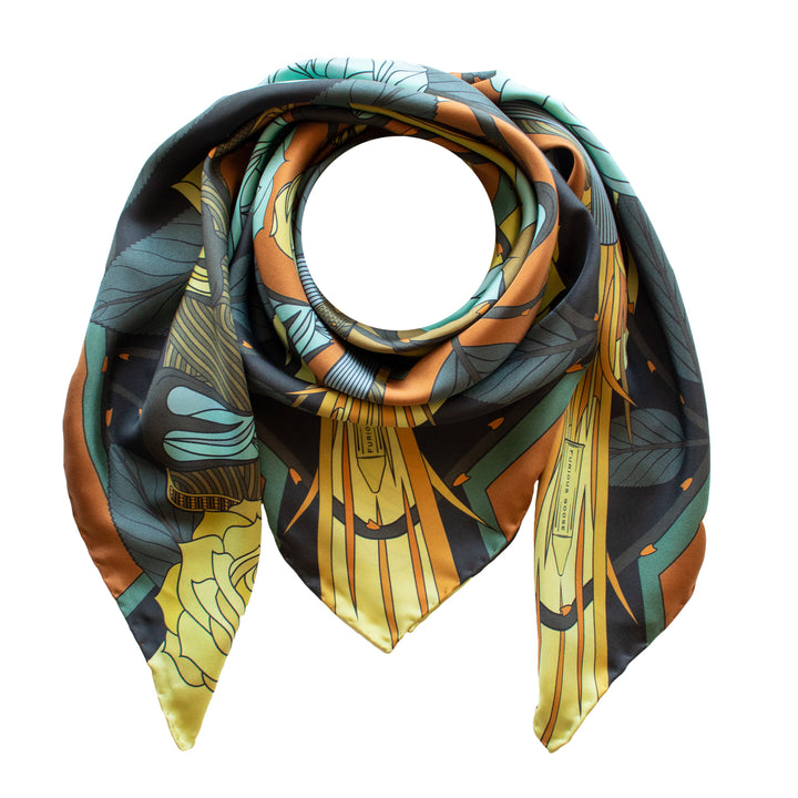 Gold Ladies Scarf, Guns and Roses, Antique Gun, Metallic Designer Silk Scarves, Guns Floral Print, Foulard, Luxury Silk Scarf, Silk Square, Luxury Accessories Brand, Floral Print, British Fashion Brand, Made in England