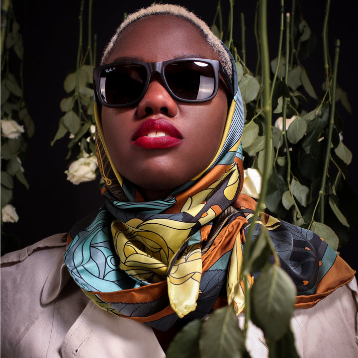 Gold Ladies Scarf, Guns and Roses, Antique Gun, Metallic Designer Silk Scarves, Guns Floral Print, Foulard, Luxury Silk Scarf, Silk Square, Luxury Accessories Brand, Floral Print, British Fashion Brand, Made in England