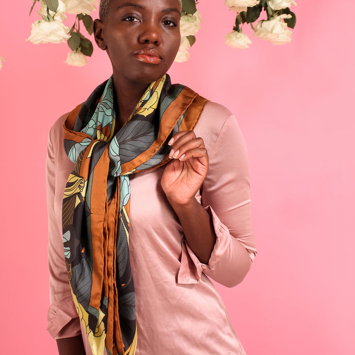 Gold Ladies Scarf, Guns and Roses, Antique Gun, Metallic Designer Silk Scarves, Guns Floral Print, Foulard, Luxury Silk Scarf, Silk Square, Luxury Accessories Brand, Floral Print, British Fashion Brand, Made in England